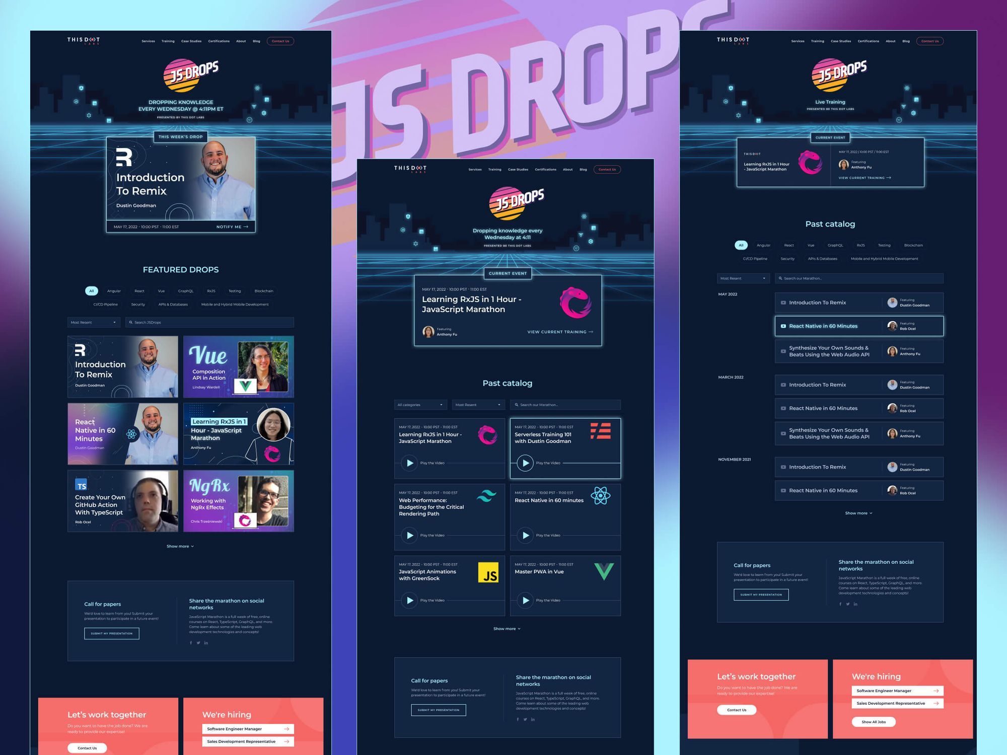JS Drops webpage featuring a series of training sessions on JavaScript topics