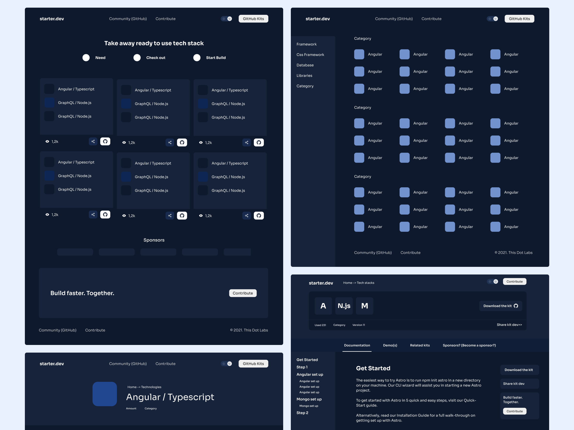 Starter.dev offerings including sections on starter kits, command line interface, community, and GitHub repositories