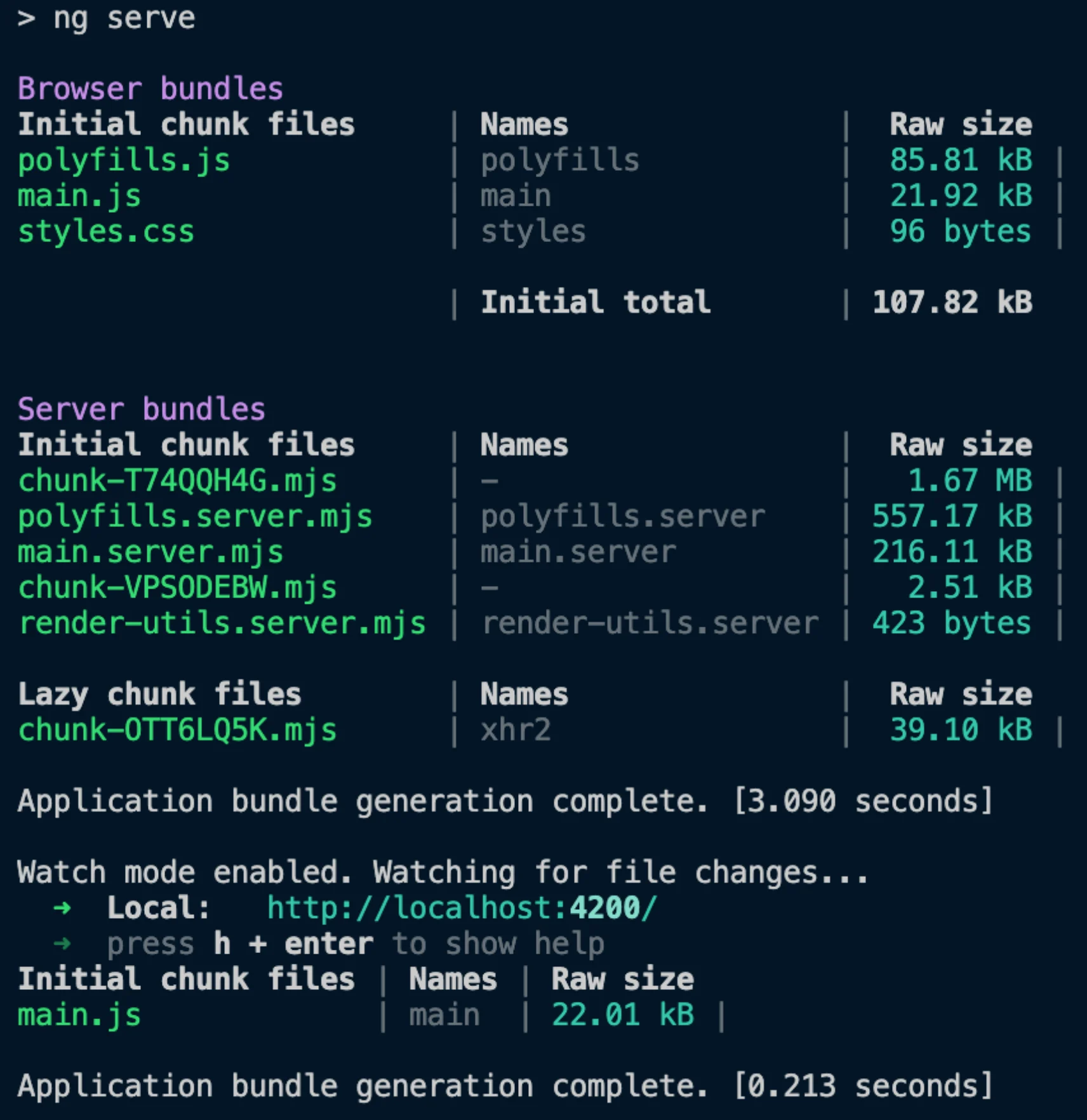 Screenshot from terminal with stats about generated server and browser bundles.