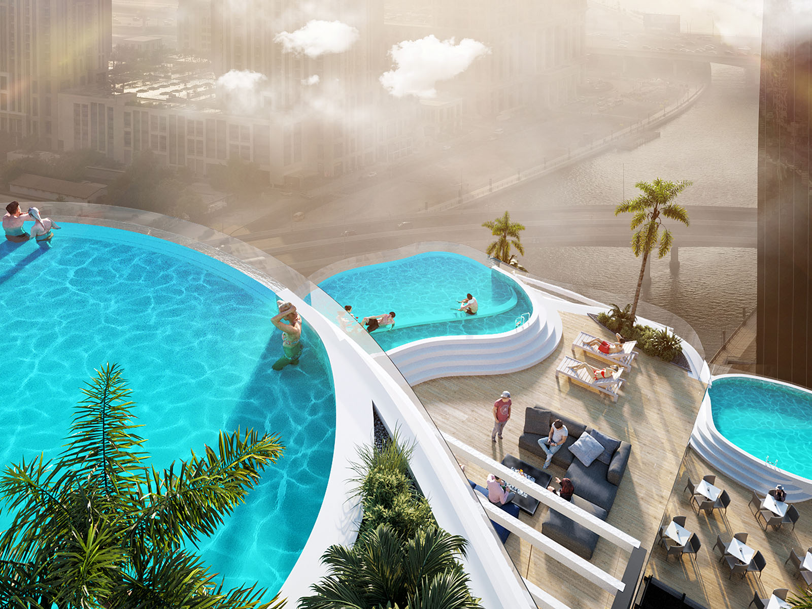 Relax in the stunning infinity pool overlooking Dubai Canal, where the water meets the horizon, offering breathtaking views and a serene escape.