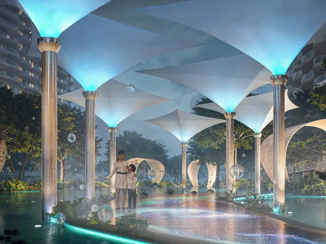 Stroll through shaded pathways cooled by gentle mist, making outdoor movement comfortable and effortless year-round. 