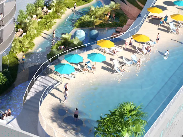 Enjoy the rooftop artificial beach with soft sand, cabanas, & a blend of beach vibes and luxury, creating a perfect island escape right at home.