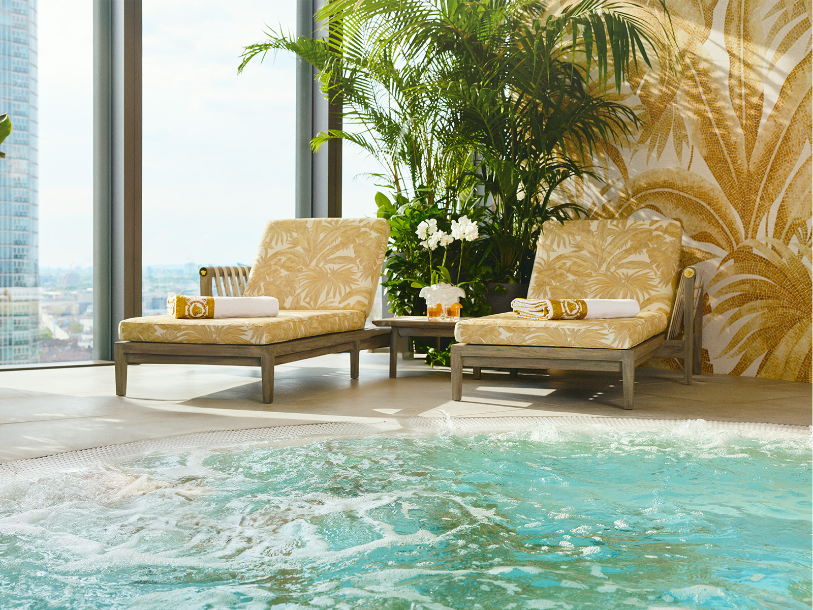 Immerse yourself in our luxurious jacuzzi, where you can unwind in soothing comfort while enjoying serene city views.
