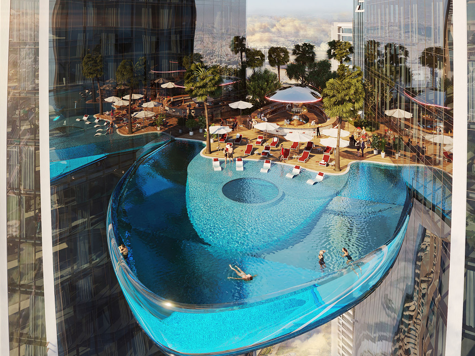 Relax at the ruby heart, where soft sands meet crystal-clear waters, offering a serene escape with stunning views of the city skyline.