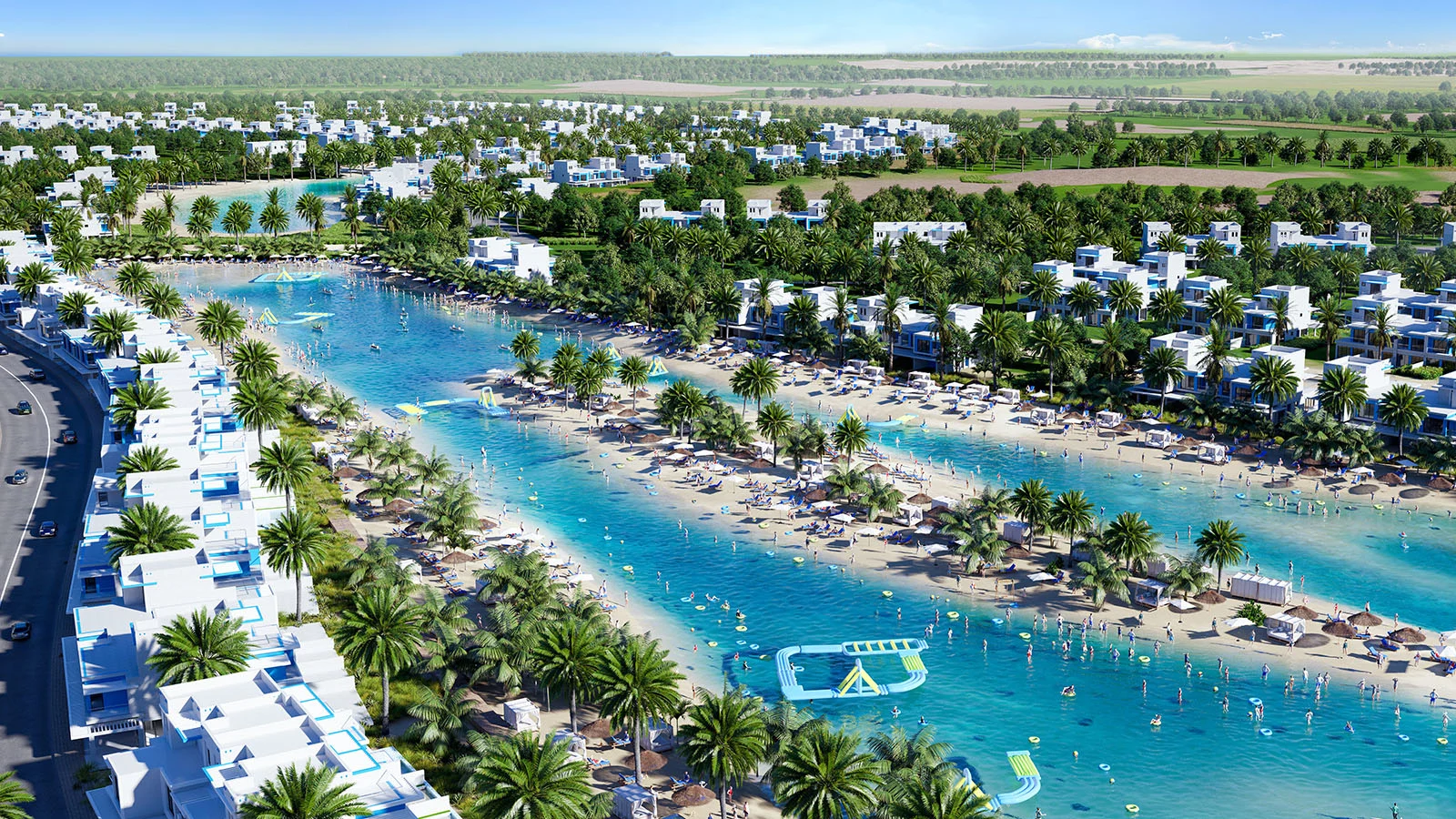 DAMAC Lagoons master community, aerial view of crystal lagoons and Mediterranean villas