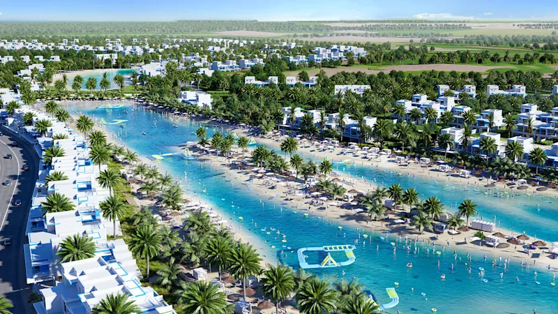DAMAC Lagoons community with crystal lagoons and Mediterranean-inspired architecture