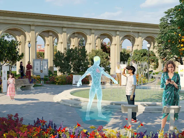 Explorez un jardin d’apprentissage luxuriant avec QR codes, réalité virtuelle et écrans numériques proposant des expériences immersives et éducatives sur de multiples thèmes.