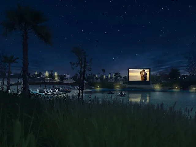 Enjoy the magic of movies under the stars at our outdoor cinema, where a cosy ambiance and open-air setting create an unforgettable experience.