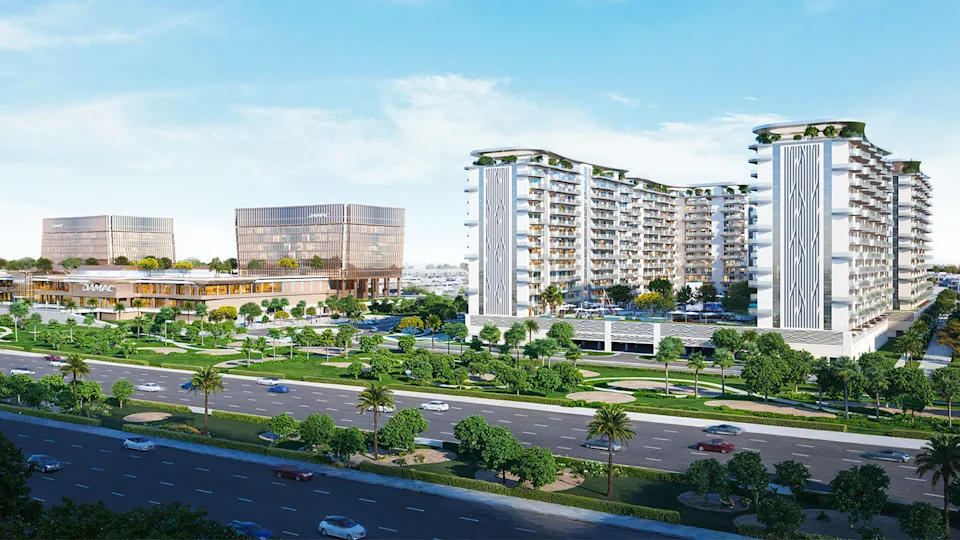 DAMAC Lagoons District aerial view with crystal lagoons and themed villas