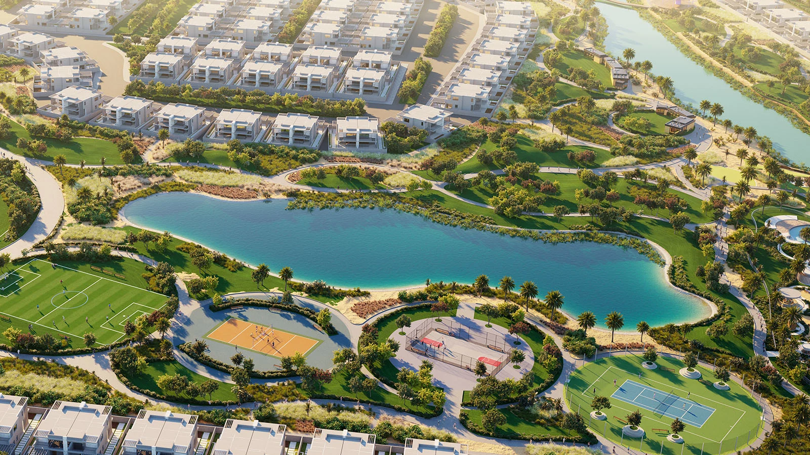 DAMAC Hills 2 master community aerial view with green parks and villa clusters