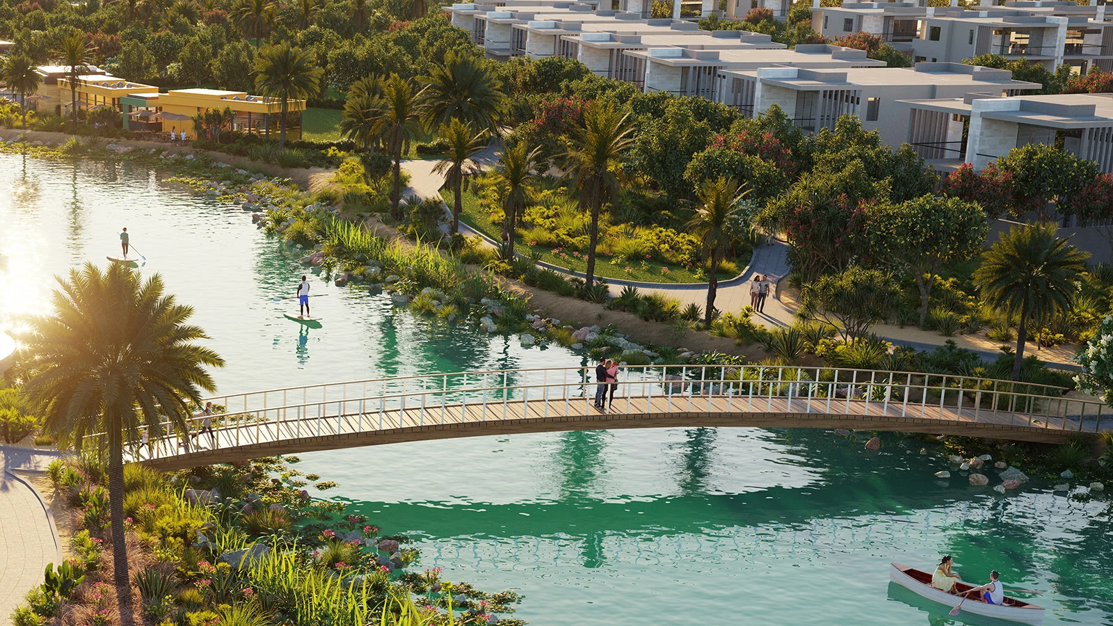DAMAC Hills 2 villa with private pool at night, tropical garden setting