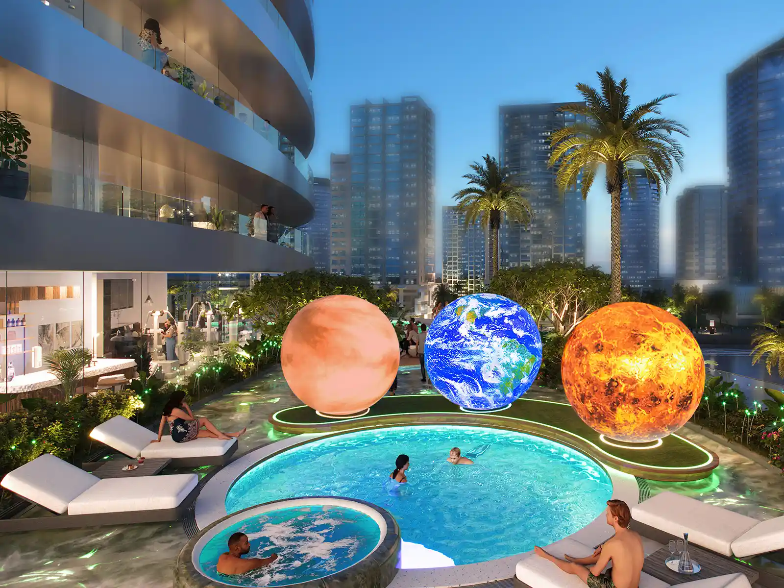 Stroll through the enchanting garden, where celestial-inspired designs offer a tranquil escape amidst the city.