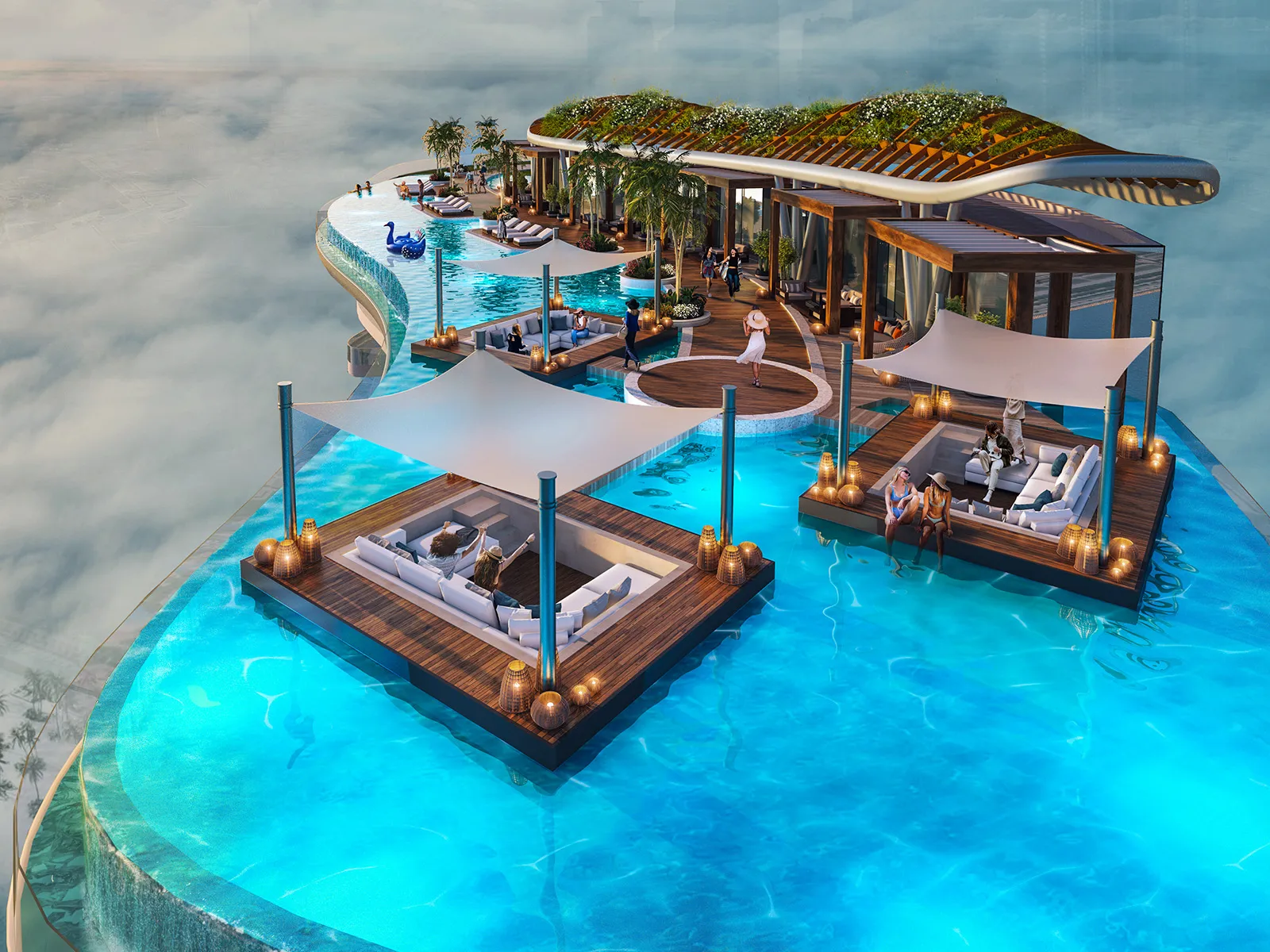 Experience a unique work environment with our floating workstations in the pool, perfect for meetings and productive sessions amidst a serene setting.