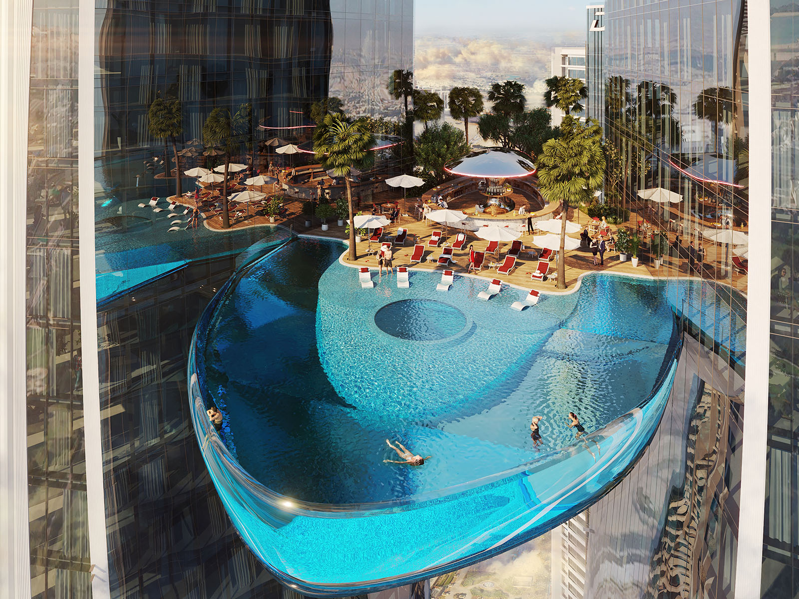 Relax at the ruby heart, where soft sands meet crystal-clear waters, offering a serene escape with stunning views of the city skyline.