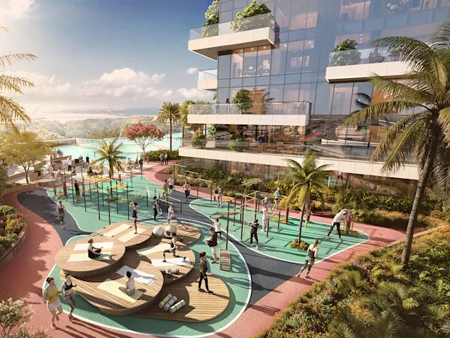 Trainieren Sie unter freiem Himmel im Fitnessbereich auf Ebene 6 – dort, wo intensives Training auf atemberaubende Ausblicke über Dubais Skyline trifft.
