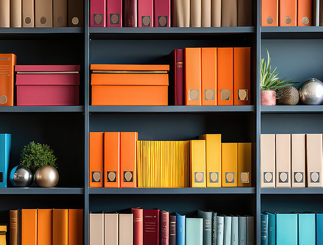 Publications stack of books on bookcases