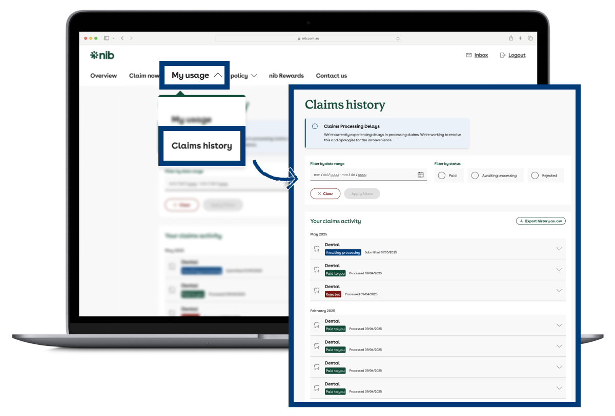 Laptop screenshot of nib Online Services platform with My usage annotated in the nav bar and Recent claims highlighted