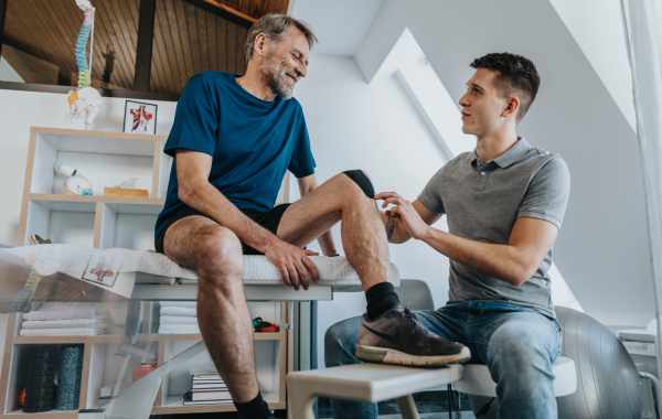 A man sits on a bench while a male physiotherapist touches his knee