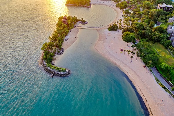 An aerial shot of Sentosa Island beach