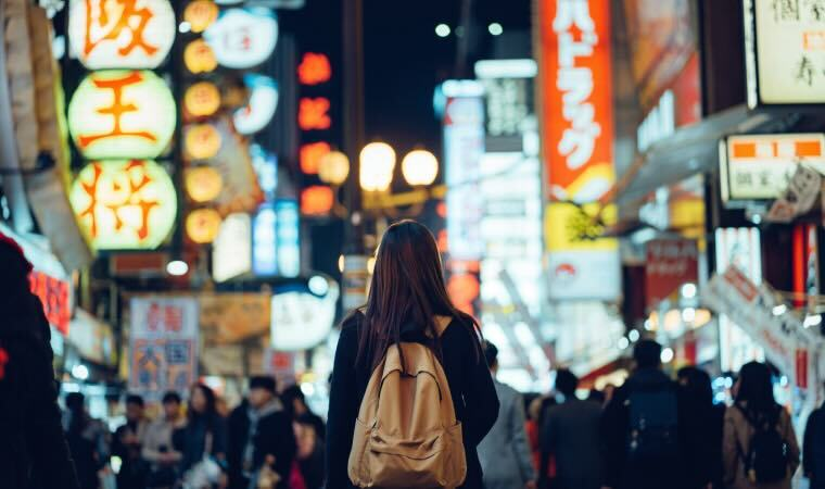 A woman standing in a busy street in Japan