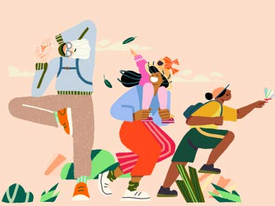 An illustration of several people walking and hiking