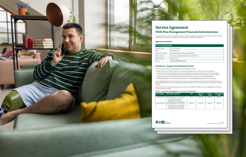 Man with a prosthetic leg sitting down on a couch, smiling as he talks on the phone. Thrive Service Agreement pages overlaid on the right side of the image.