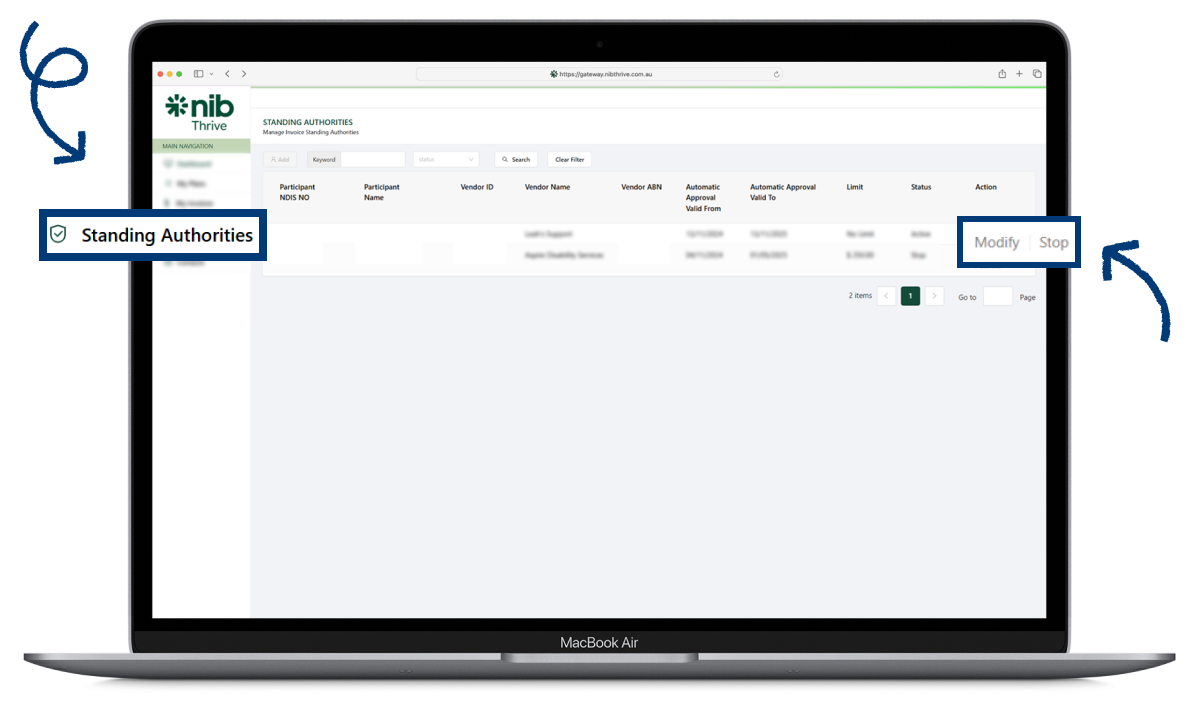 Desktop example of how a user can manage and add standing authorities
