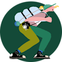 Graphic of a person hiking, carrying a backpack and camera over their shoulder.