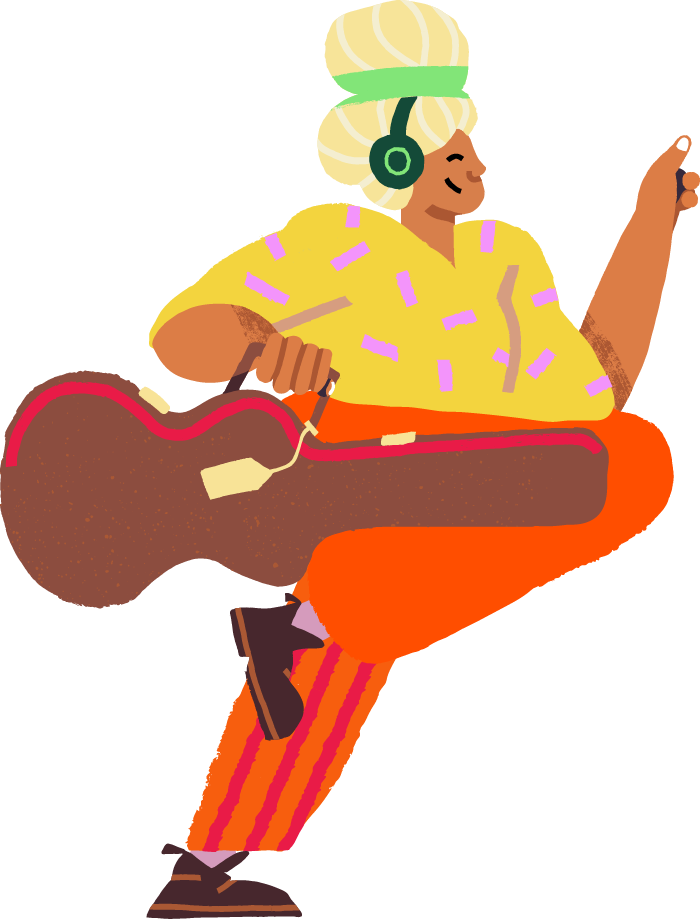 An illustration of a woman holding a guitar case and listening to music