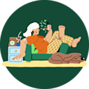 Illustration of woman on couch with mobile phone, dog sleeping nearby