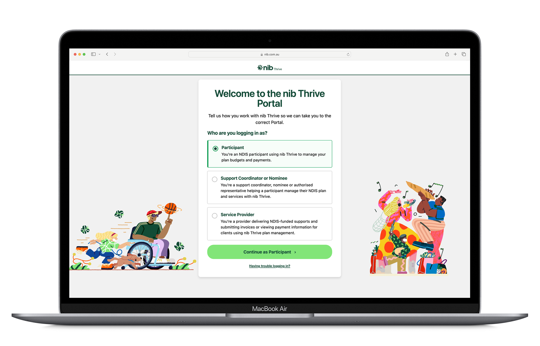 Image of the welcome to the nib thrive portal on laptop