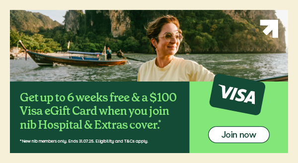 A promotional tile showing 6 weeks free & a $2000 Visa eGift Card when you join nib Hospital & Extras cover