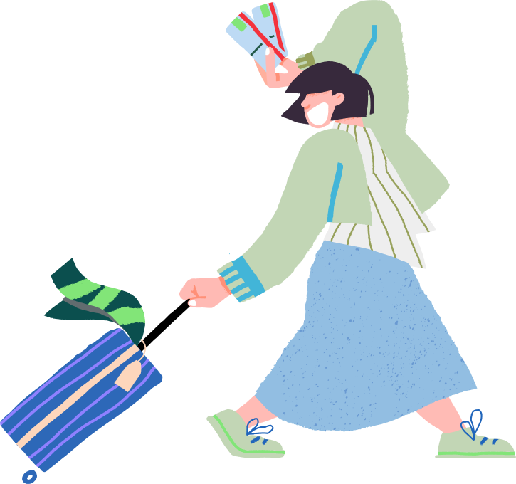 An illustration of a woman walking through an airport with a suitcase and her plane ticket