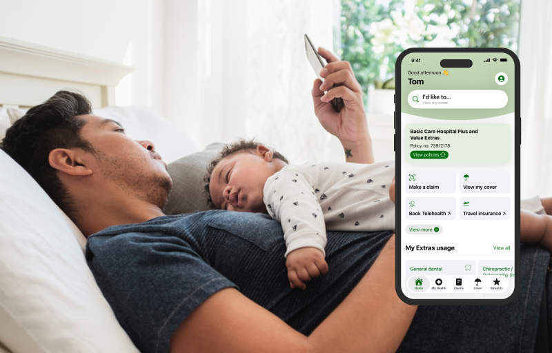 Man laying in bed with his baby on his chest using the nib App