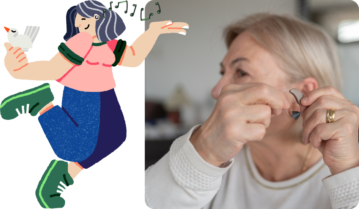 Illustration with woman holding up hearing aids