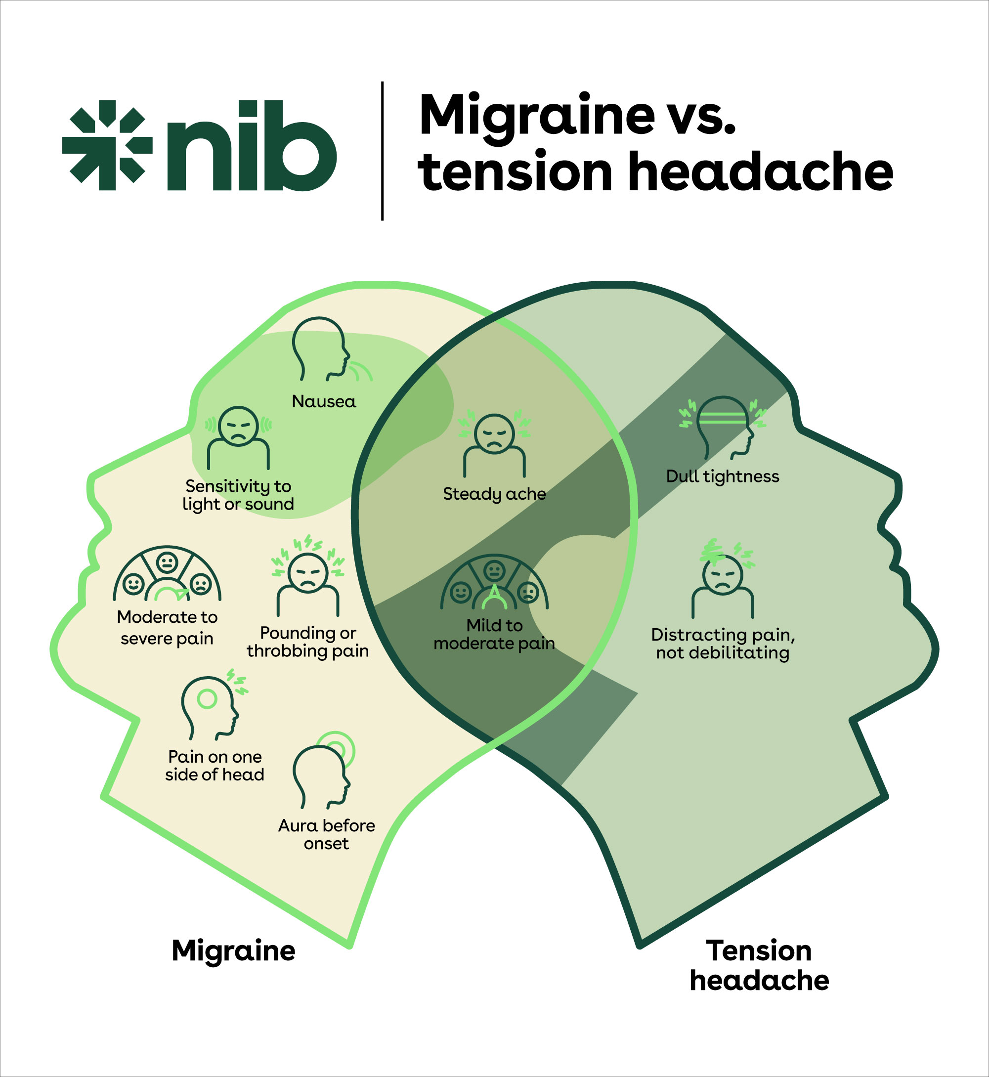 Infographic showing the different symptoms of a headache and migraine.