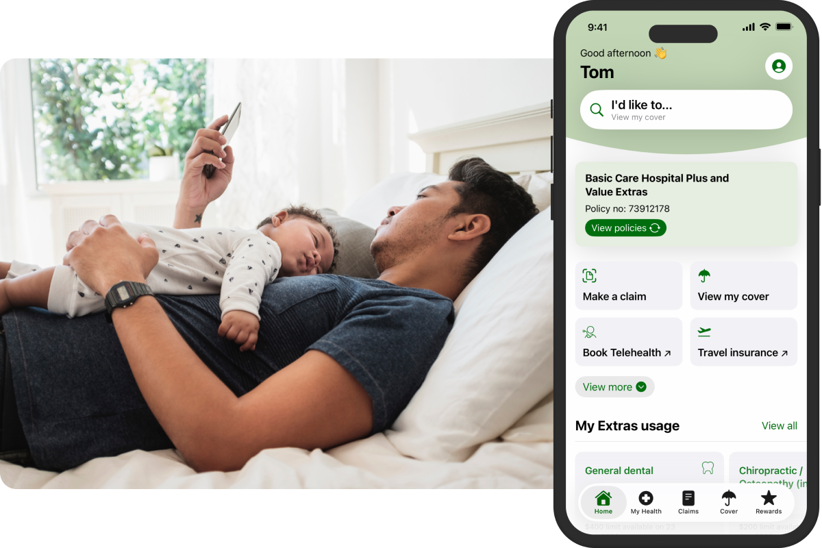 Asian dad with young baby sleeping on his chest, laying down on bed using the nib App