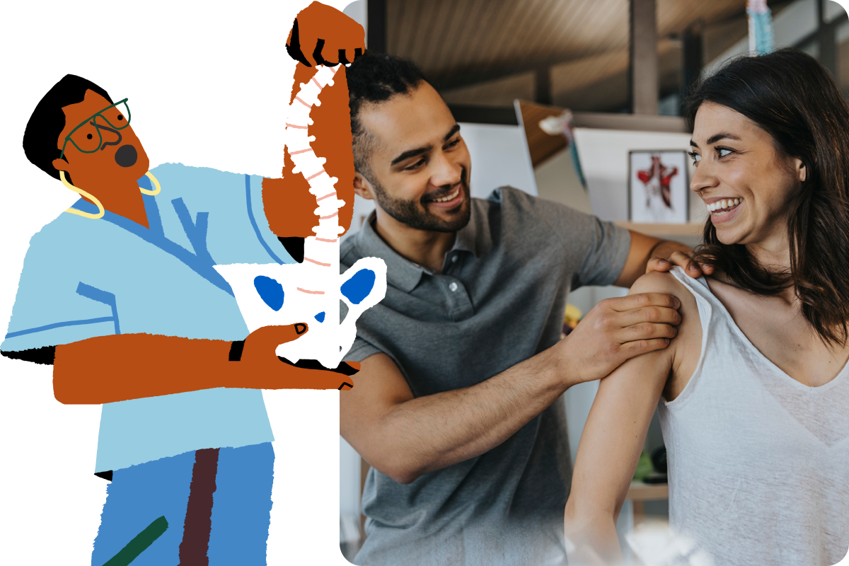 A male physio massaging female clients shoulder