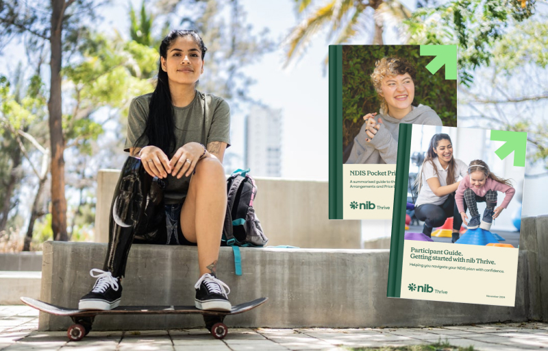 Woman with a prosthetic leg sitting down outside with her skateboard. Thrive guide book covers overlaid on the right side of the image