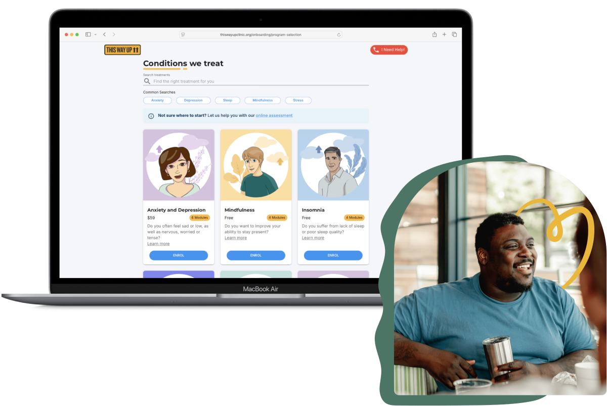 A screenshot of THIS WAY UP's website overlaid with an image of a smiling man.