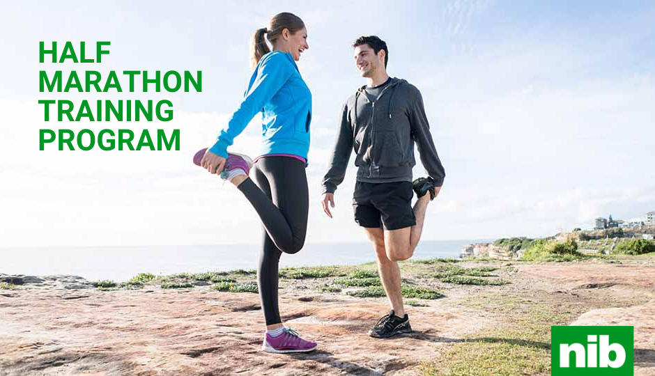 A couple wearing activewear outdoors stretch with a Half Marathon Training Program text overlay and the nib logo in the bottom right corner