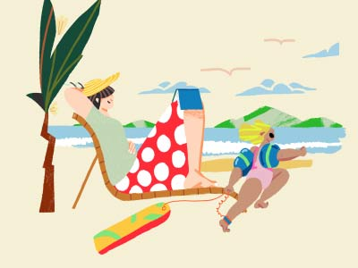 An illustration of a woman and a child on the beach