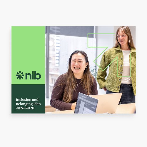 Screenshot of nib's Inclusion and Belonging Plan. "Inclusion and Belonging Plan 2026-2028" text on the cover with image of 2 people in an office setting
