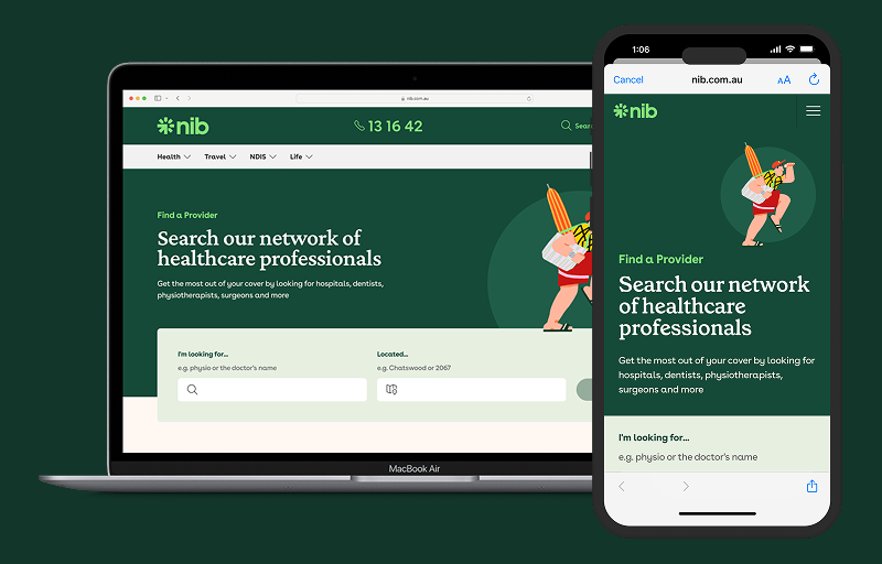 Screenshot of nib Find a provider homepage on a MacBook and iPhone
