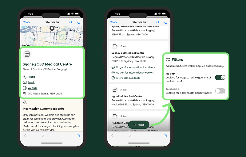 Screenshot of the a medical centre information and filtering feature in the nib Find a provider on an iPhone