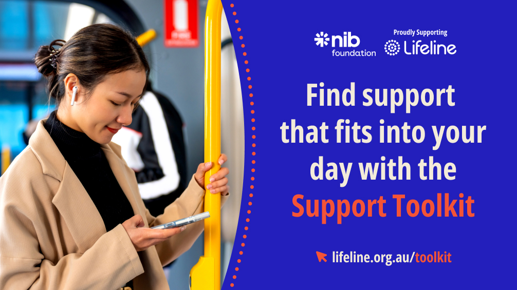 Lifeline support toolkit with woman on tram looking at phone