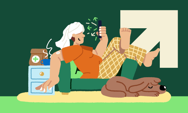 Illustration of woman sitting on couch looking at phone.