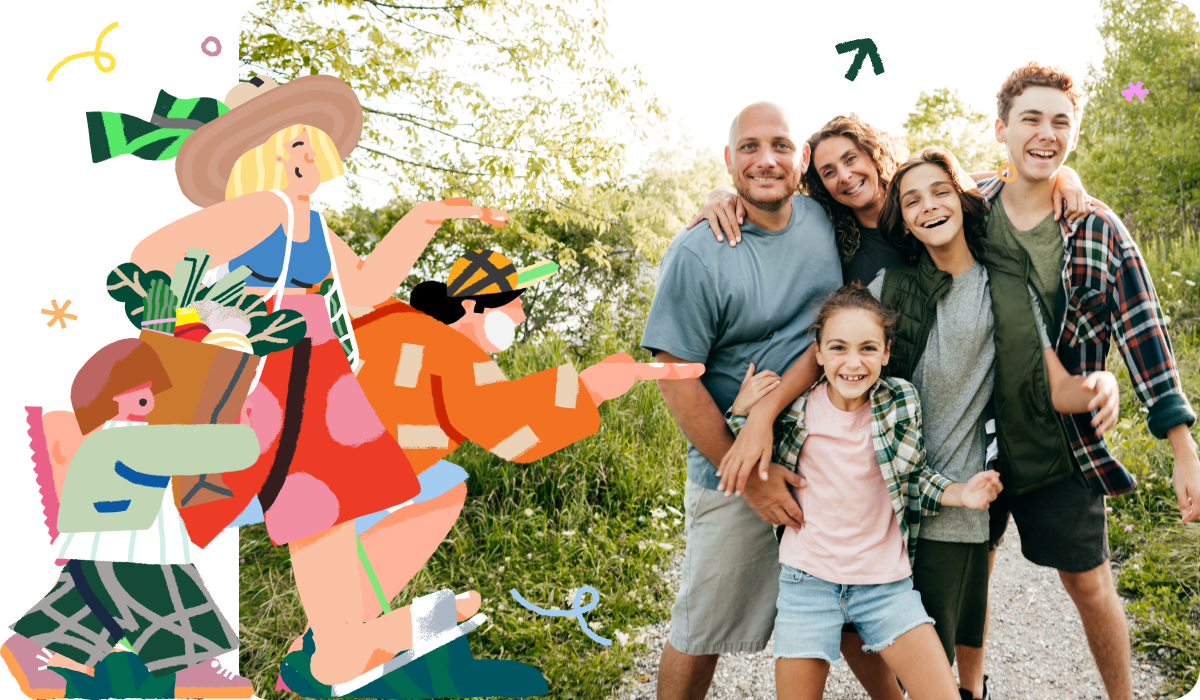 Illustration of a son, mother and teen, next to an image of a family of 5 out in nature