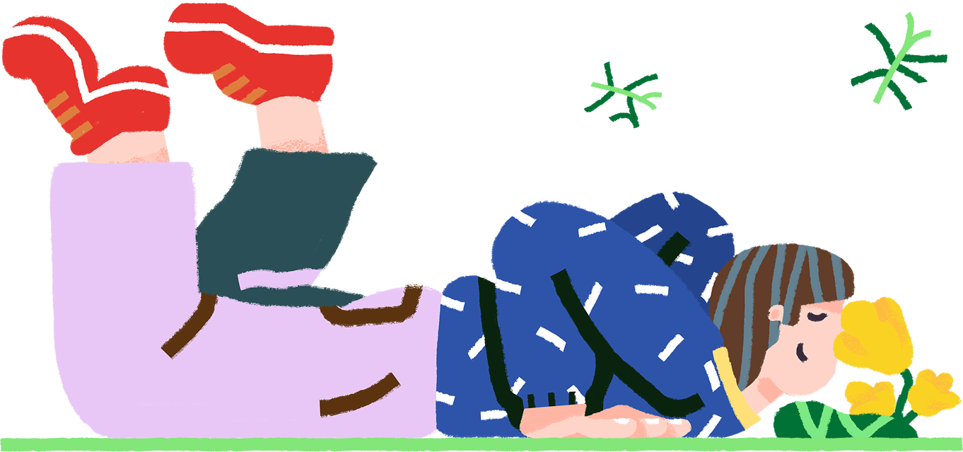 Illustration of a person lying on their stomach in purple and teal clothing with red boots raised, smelling yellow flowers and butterflies floating around them.