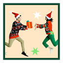 Man and woman wearing Santa hats jumping for joy. Man holding a gift and woman has hands outstretched to the gift